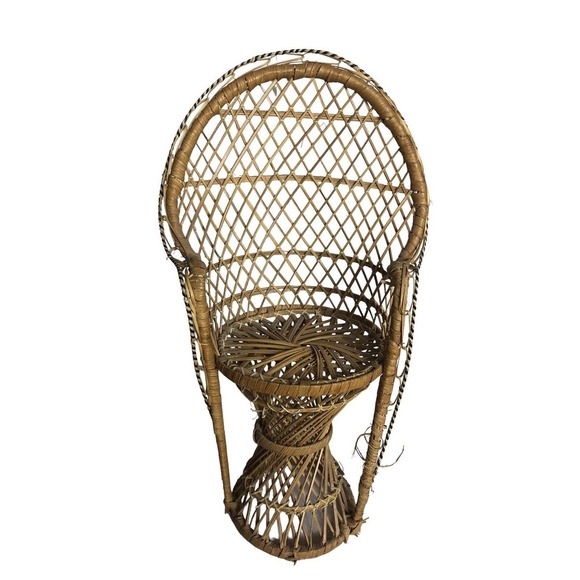 Mini Peacock Wicker Fan Back Rattan Chair 16" Doll Plant Stand Boho Decor - Picture 1 of 5
